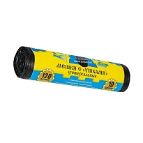 Мешки для мусора 120 л, с ушками, черные, в рулоне 10 шт., ПНД, 13 мкм, 1050х680 мм, Крепакоф, 4607075710436 в Балашихе