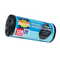 Мешки для мусора 120 л, с ушками, черные, в рулоне 30 шт., ПНД, 15 мкм, 1100х700 мм, Крепак, 4607075710375 в Балашихе